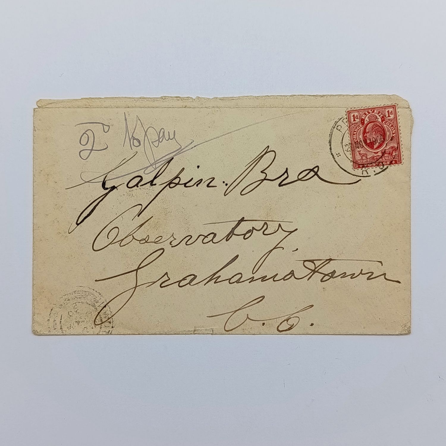 Free state letter from Orange Free State Rail office to Grahamstown Cape Colony 28 November 1906 with 1 penny stamp Orange River Colony - Rail office postmark and 2d to pay postage due mark