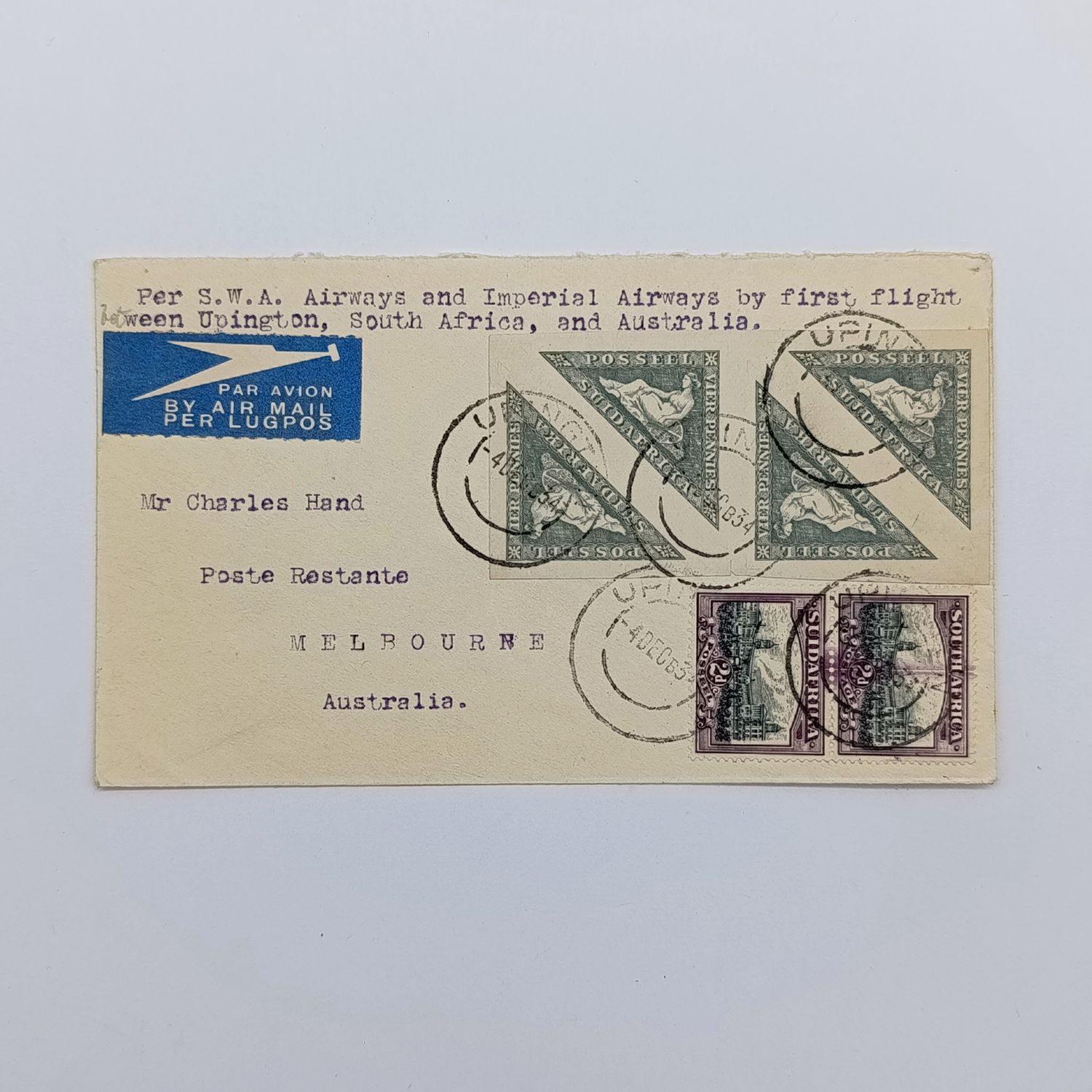 First Flight Airmail cover SWA Airways &amp; Imperial Airways Upington South Africa and Melbourne Australia with 6x South African stamps include 4x full block SACC 32 stamps - blue airmail label backstamp