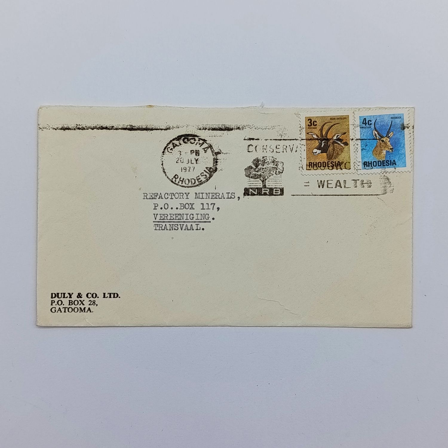 Postal cover from Gatooma, Rhodesia to Vereeniging, South Africa on Duly &amp; Co.LTD Stationery - with 2 Rhodesia animal stamps cancelled Gatooma 20 July 1977