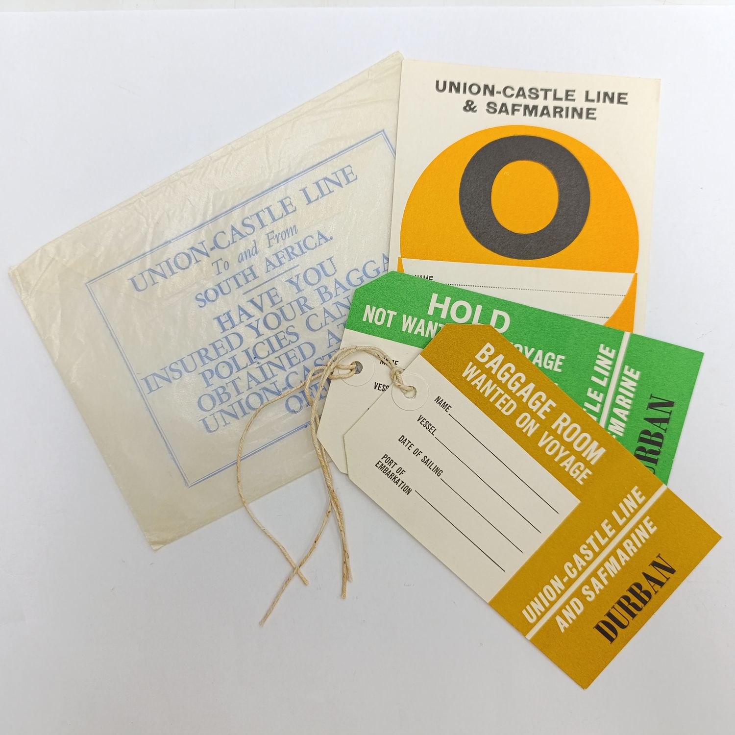 Vintage Union Castle luggage labels for Durban in original envelope