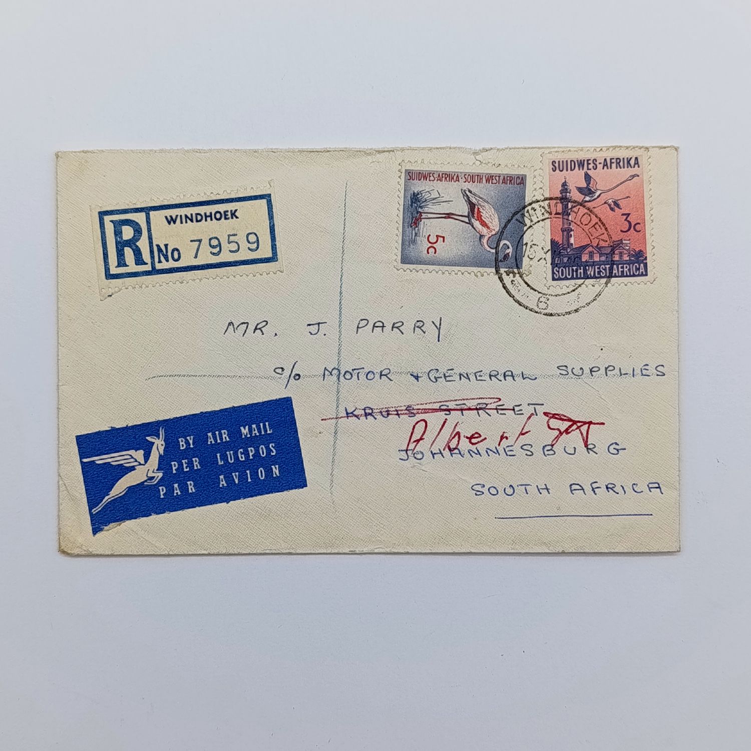 Registered airmail Postal cover sent from Windhoek, SWA to Johannesburg, RSA - redirected from Kruis st to Albert st with 2 SWA stamps cancelled 15 December 1975 in Windhoek - backstamped Windhoek