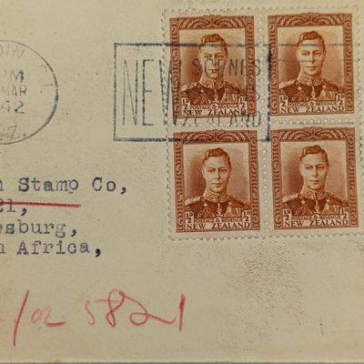 Censored wartime cover sent from Dunedin, New Zealand to Johannesburg, South Africa - opened by Censor no 160 with block of 4 New Zealand 1/2d stamps cancelled March 1942 - Inscribed "not for 5821"