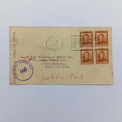 Censored wartime cover sent from Dunedin, New Zealand to Johannesburg, South Africa - opened by Censor no 160 with block of 4 New Zealand 1/2d stamps cancelled March 1942 - Inscribed &quot;not for 5821&quot;