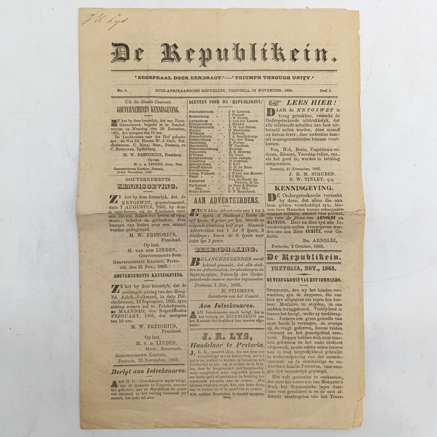 1865 Copy of De Republikein in excellent condition with article about a Commando that went out to fight against barbarian Molappo (Basotho&#39;s)