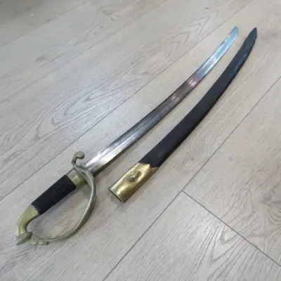 Antique sword with brass hilt and ebony fluted handle - no markings, possibly French