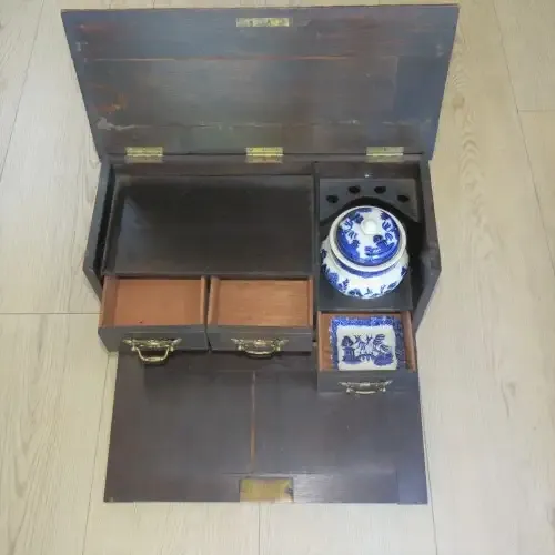 Antique Chinese tea caddy wooden box with porcelain tea container and waist bowl