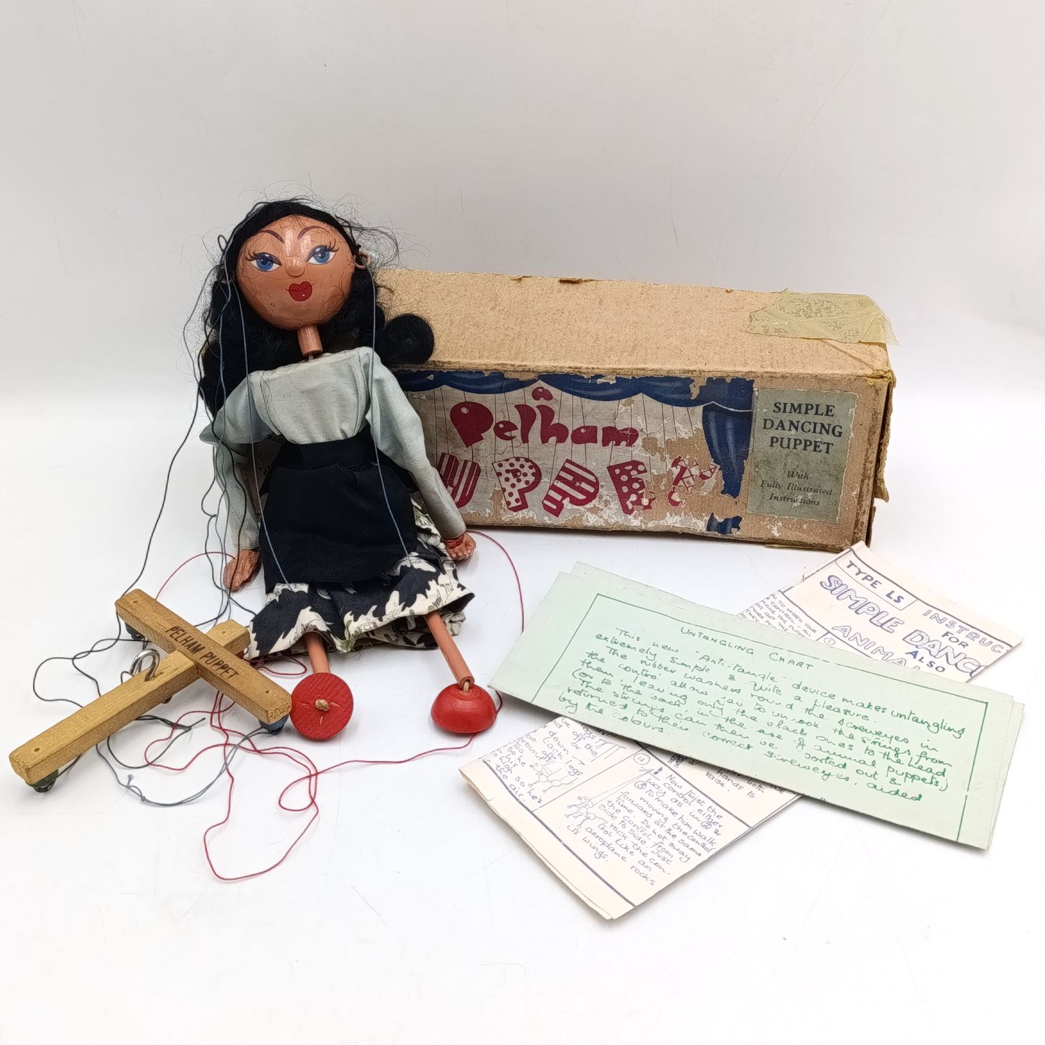 Vintage Pelham Puppets Gypsy girl marionette doll in box with instructions