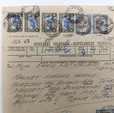Telegram dated 1947 with 9 South African stamps - a stock report sent from South Africa to USA