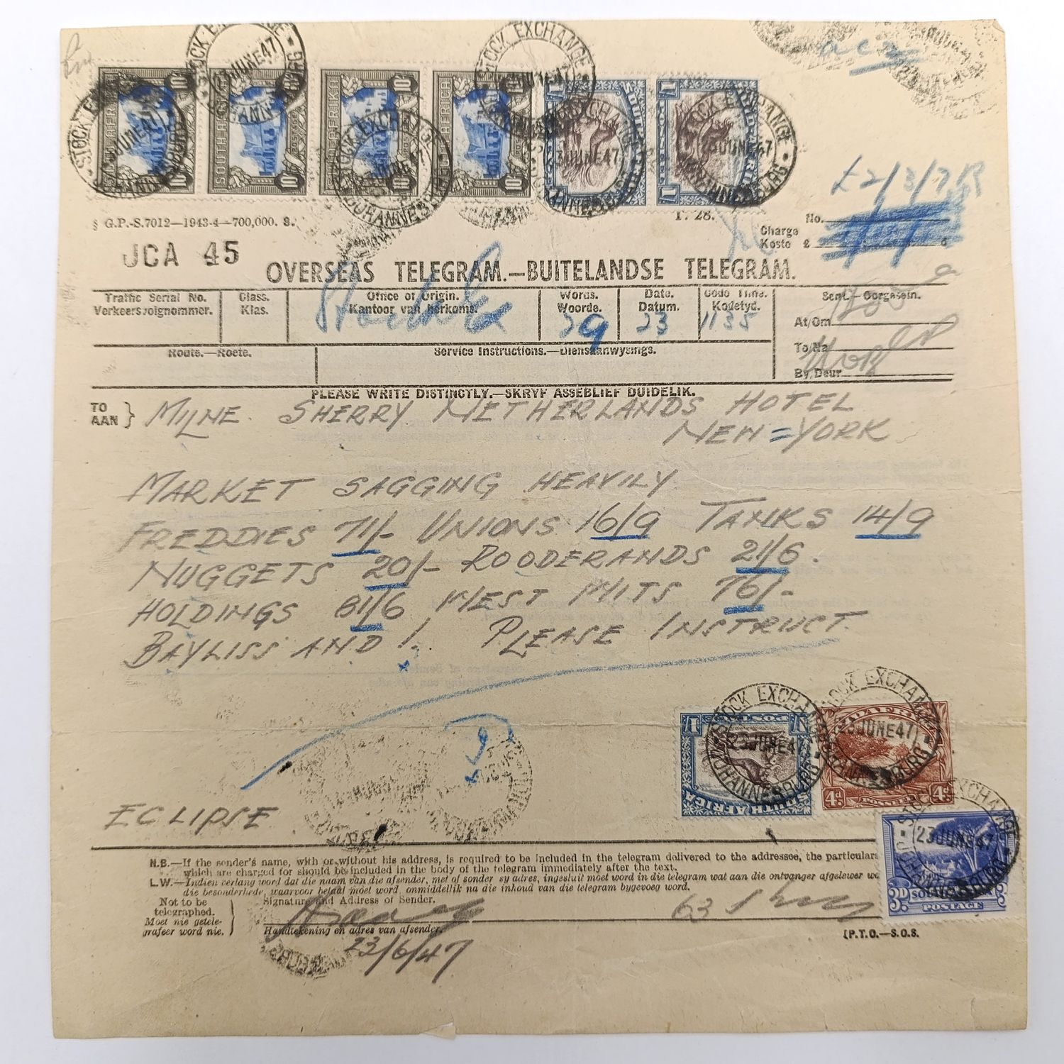 Telegram dated 1947 with 9 South African stamps - a stock report sent from South Africa to USA