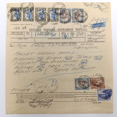 Telegram dated 1947 with 9 South African stamps - a stock report sent from South Africa to USA