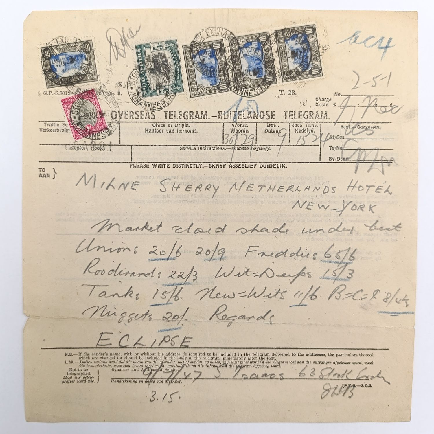 Telegram dated 1947 with 6 South African stamps - a stock report sent from South Africa to the USA