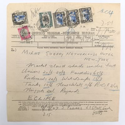 Telegram dated 1947 with 6 South African stamps - a stock report sent from South Africa to the USA