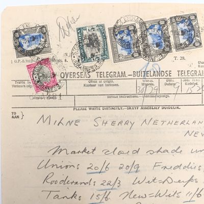 Telegram dated 1947 with 6 South African stamps - a stock report sent from South Africa to the USA