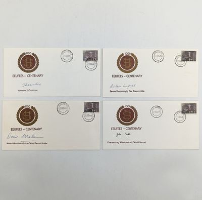 South Africa - Set of 4 University of Stellenbosch first day covers signed by Jannie Momberg, Danie Malan, Zola Budd and De Villiers Lamprecht