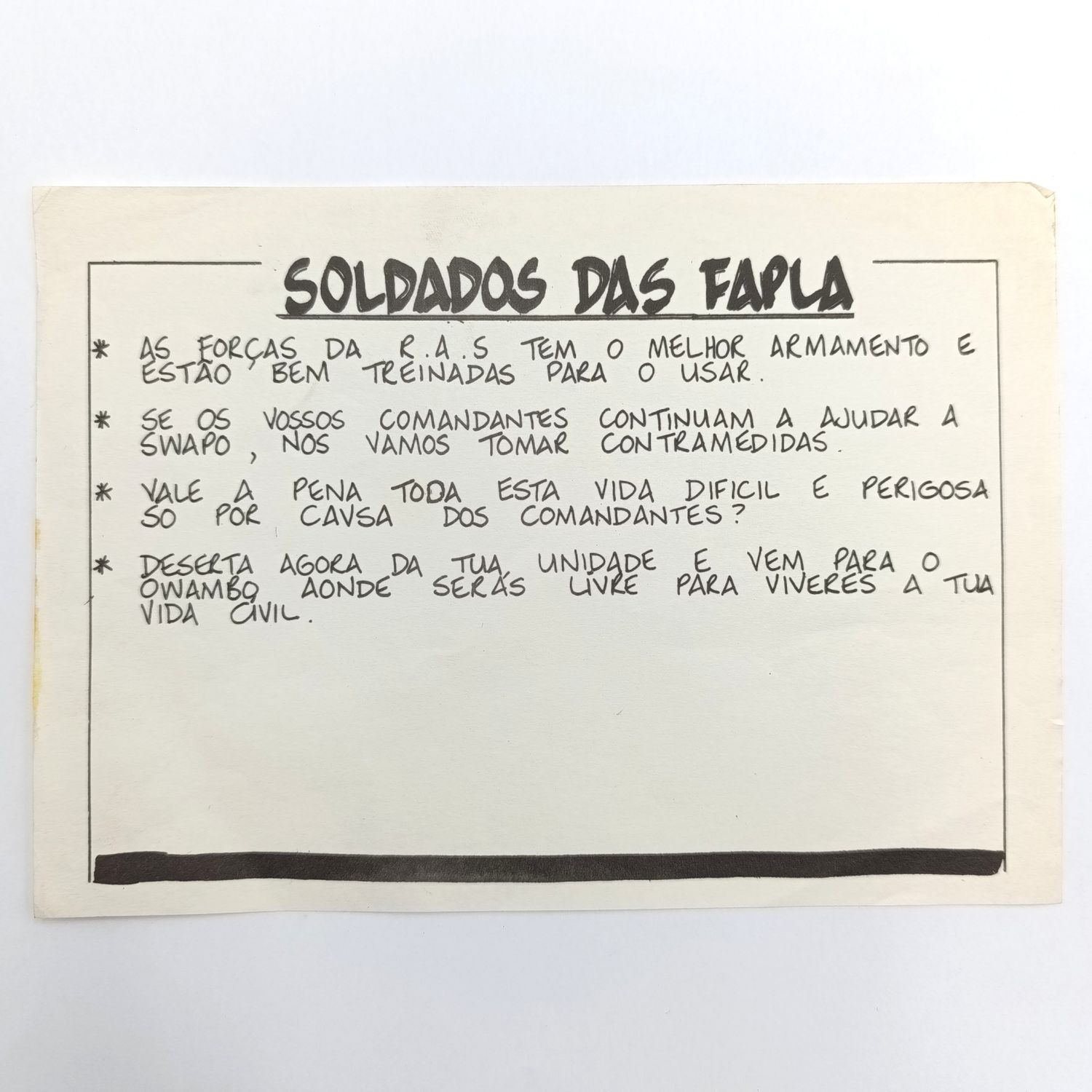 Vintage SADF Border war era FAPLA soldier Propaganda pamphlet