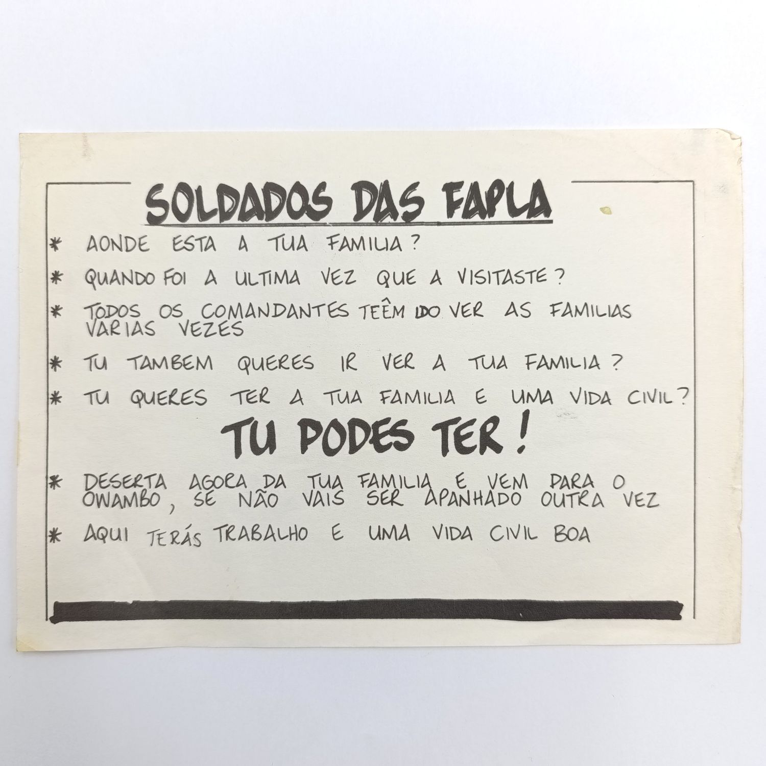 Vintage SADF Border war era FAPLA soldier propaganda pamphlet