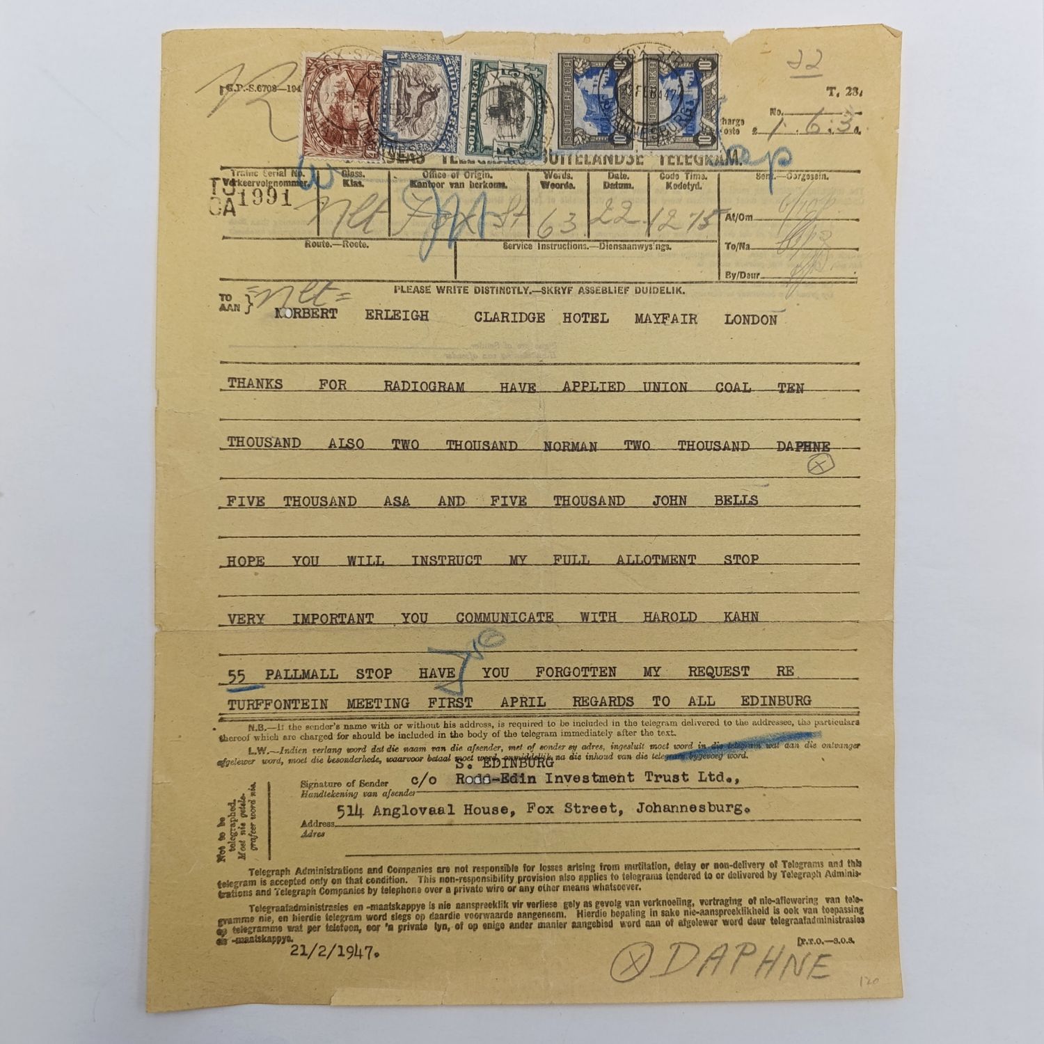 Telegram dated 1947 with 5 South African stamps - A Personal Telegram sent from South Africa to USA