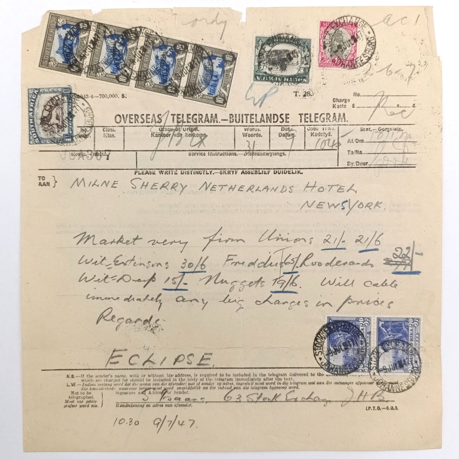 Telegram dated 1947 with 9 South African stamps - A stock report sent from South Africa to USA