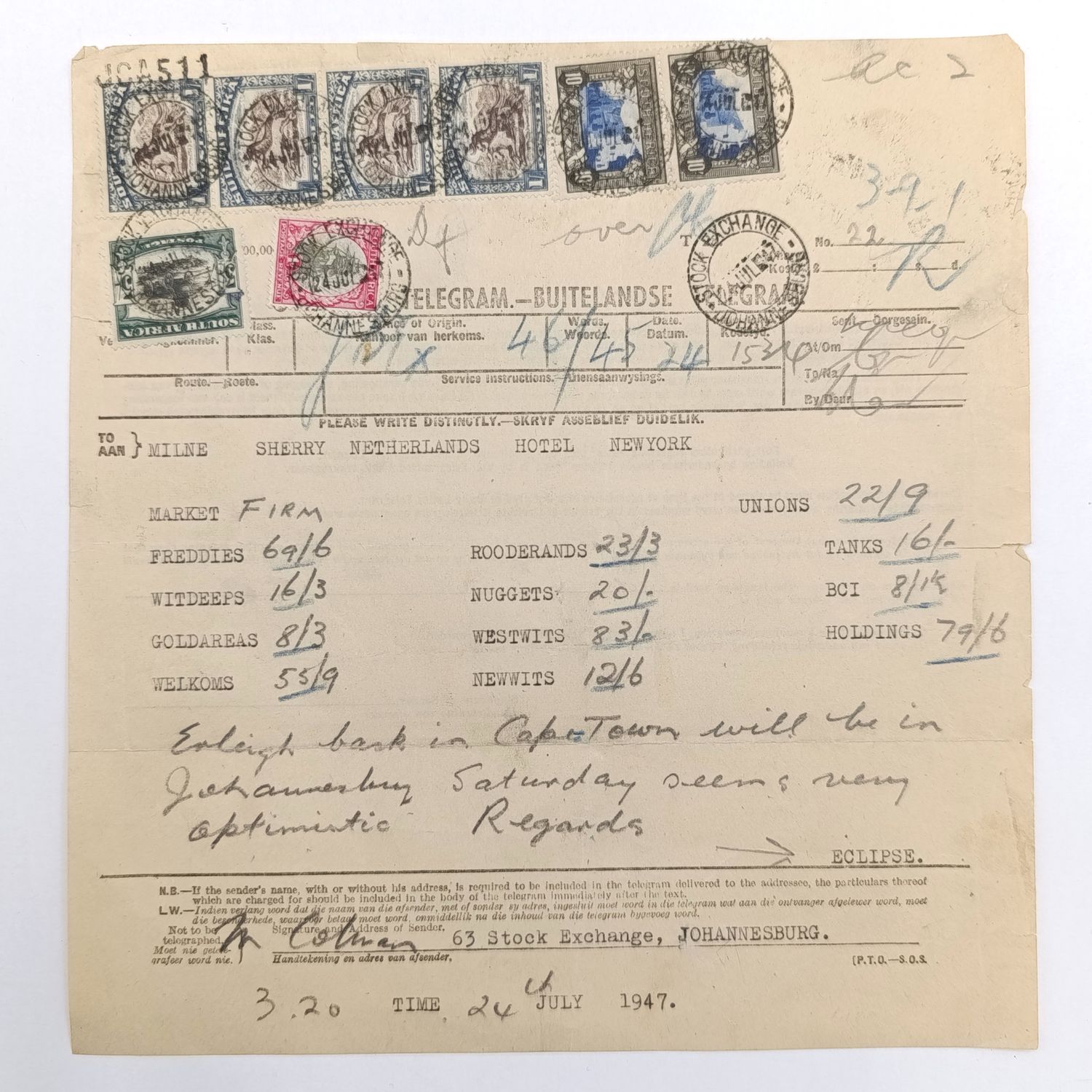 Telegram dated 1947 with 8 South African stamps - A stock report sent from South Africa to USA