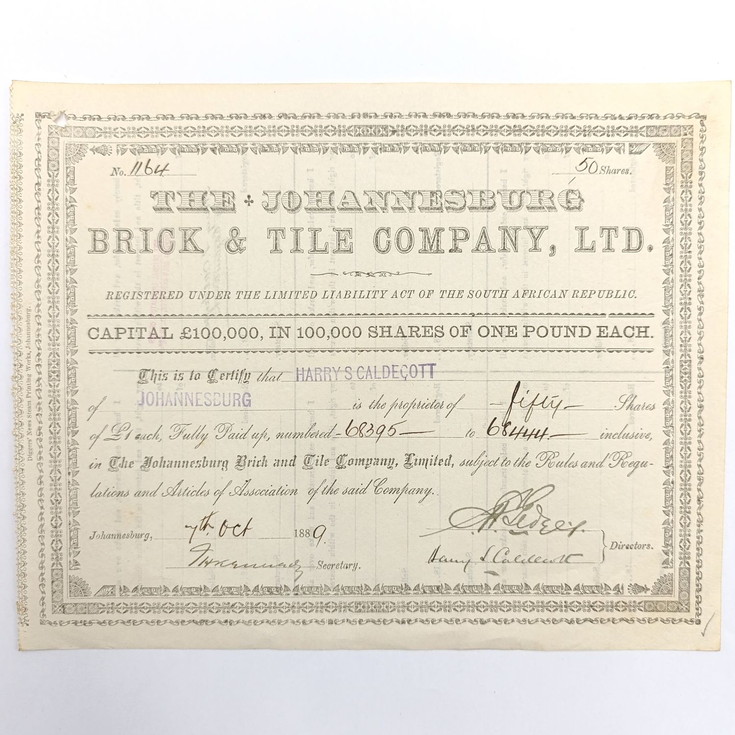 Share certificate dated 7th of October 1889 for The Johannesburg Brick and Tile Company for 50 shares of £1 each