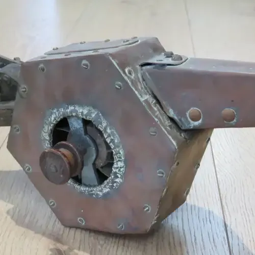 Antique wood and copper mechanical bellows with copper plaque