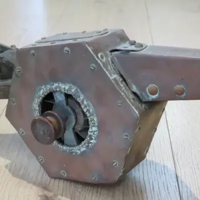 Antique wood and copper mechanical bellows with copper plaque