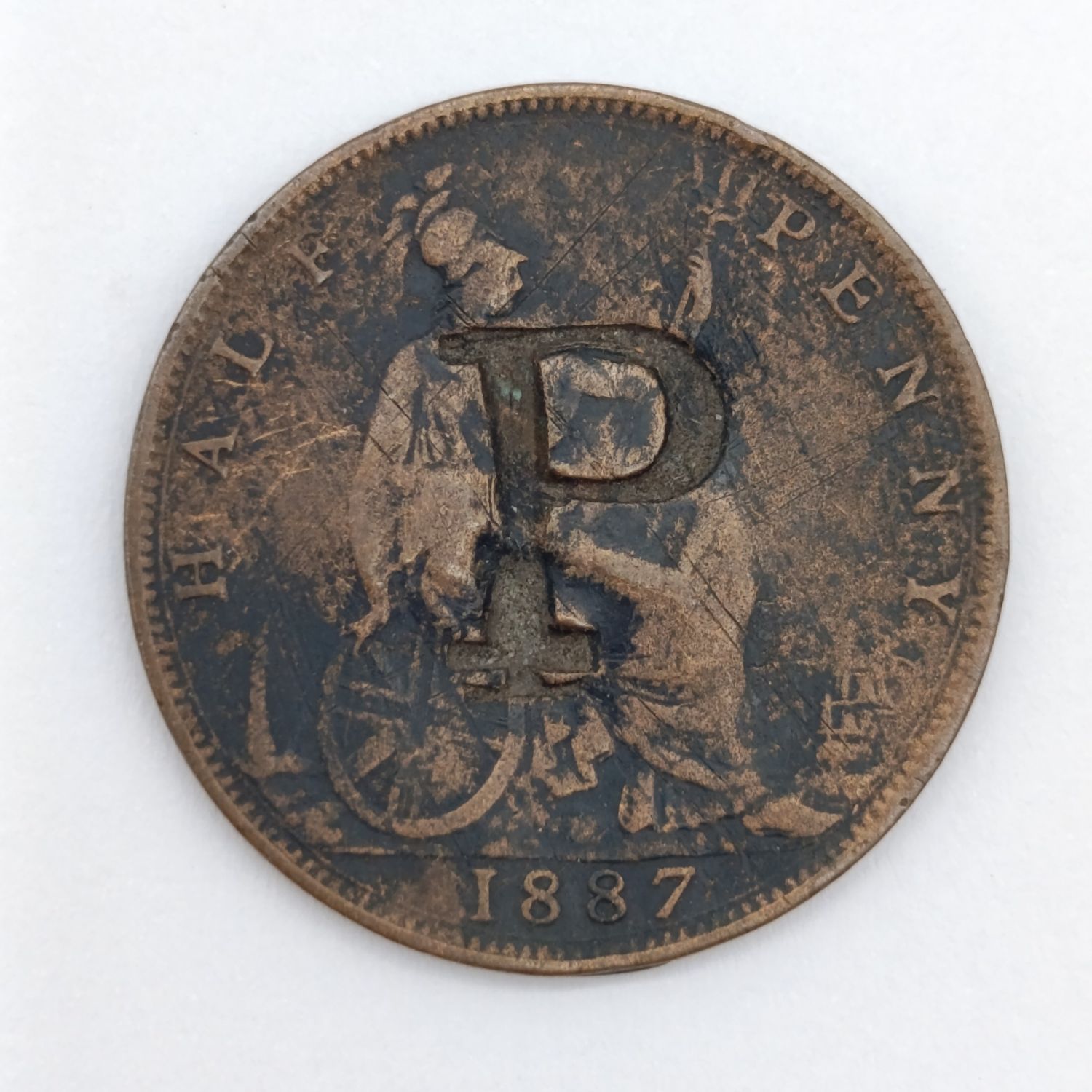 1837 Great Britain half penny with overstamped &quot;P&quot; and &quot;I&quot;