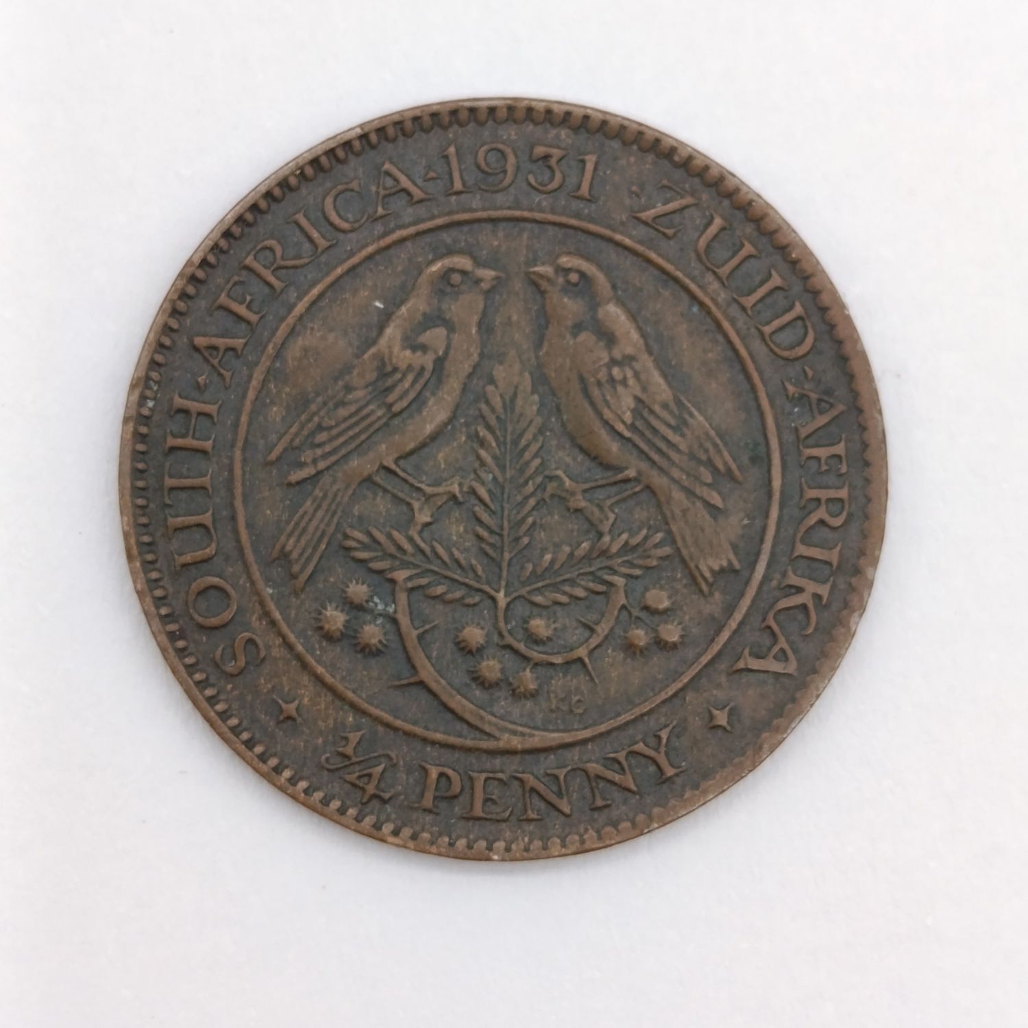 1931 SA Union 1/4 penny farthing with &quot;JP&quot; overstamped on obverse