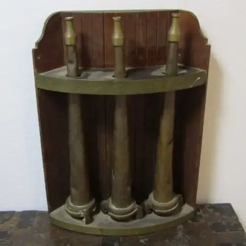 Set of 3 Antique brass fire hose nozzles on wooden display