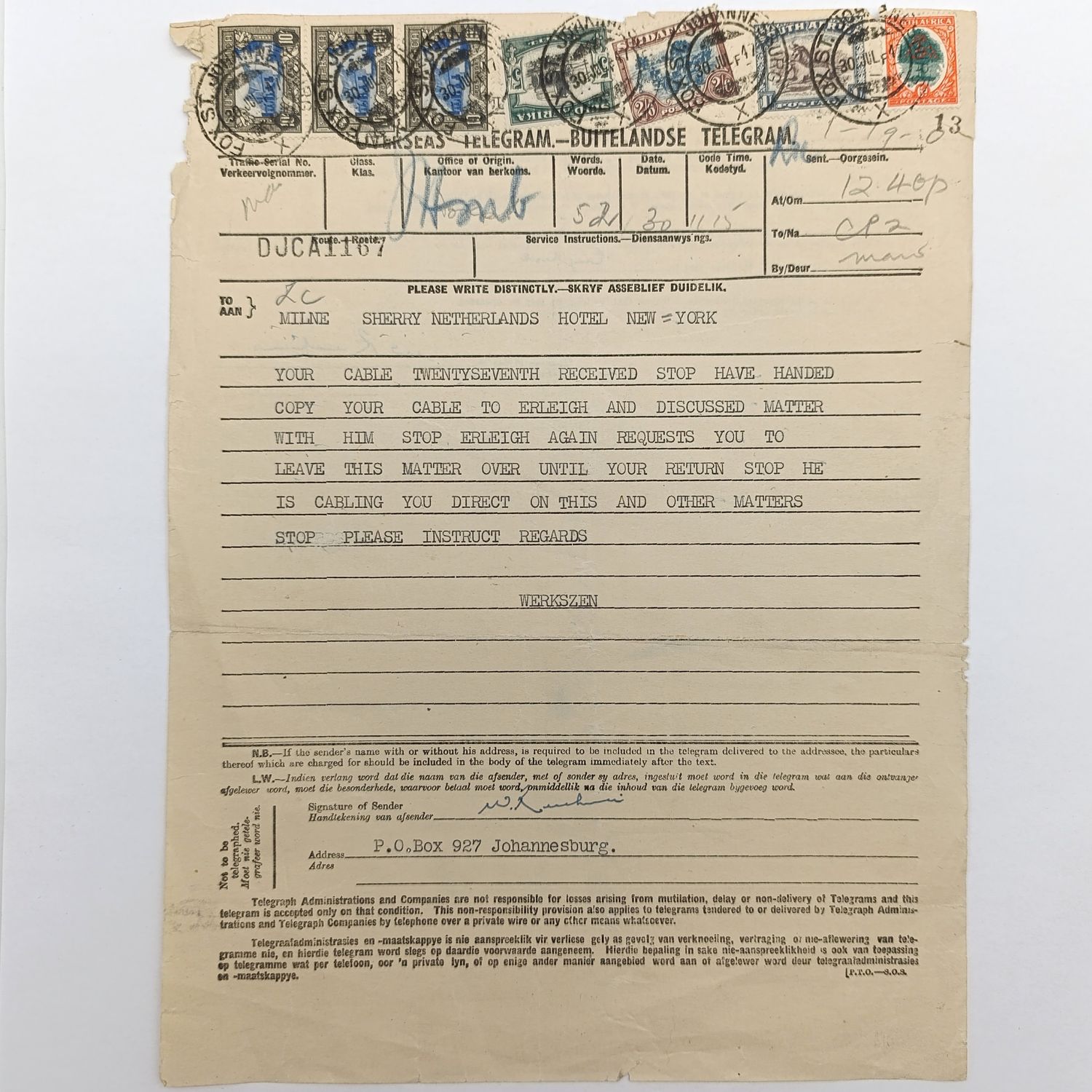 Telegram dated 1947 with 7 South African stamps - a personal Telegram sent from South Africa to USA