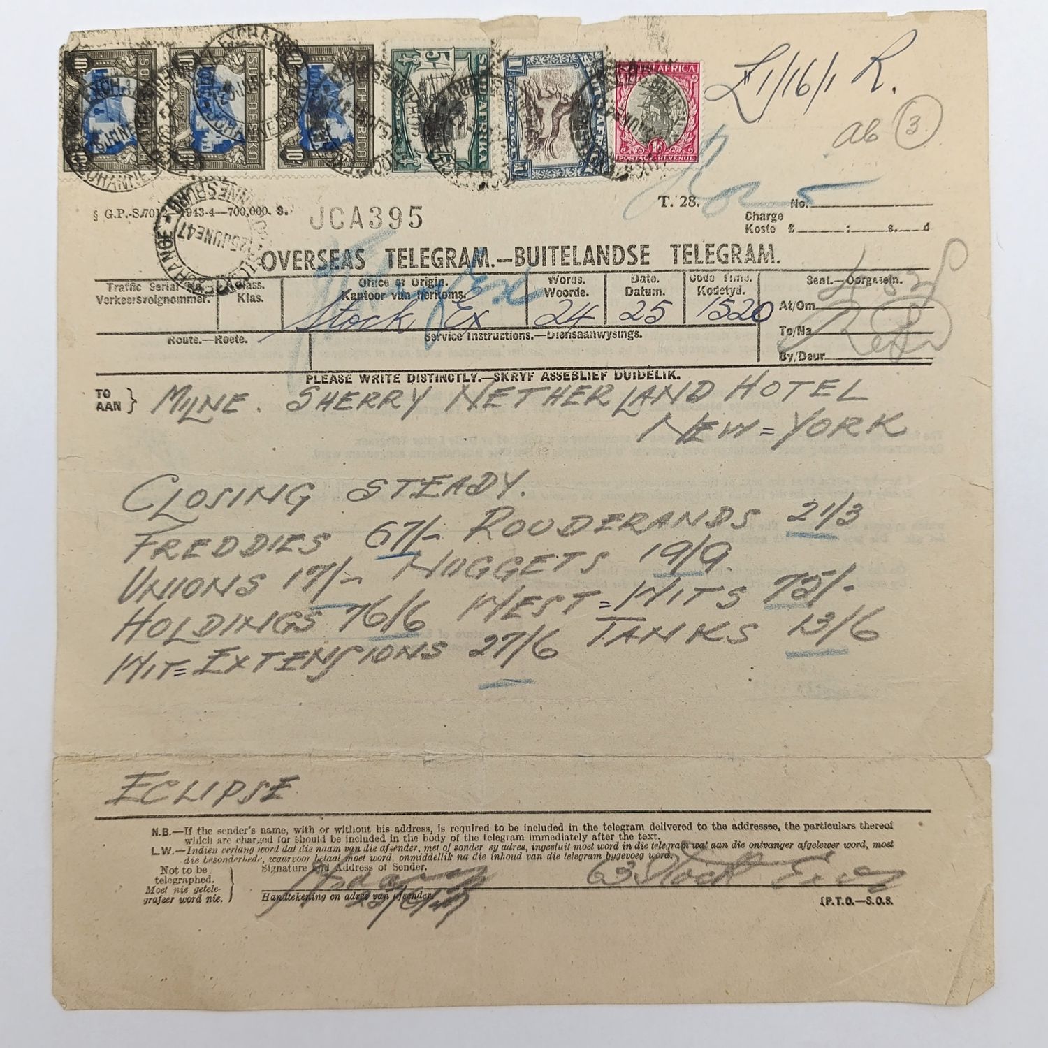Telegram dated 1947 with 6 South African stamps - A stock report sent from South Africa to USA
