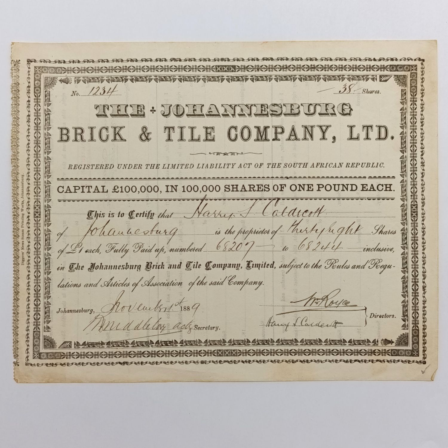 Share certificate dated 1st of November 1889 for The Johannesburg Brick and Tile Company for 38 shares of £1 each