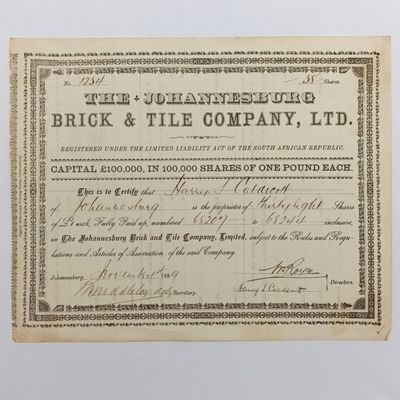 Share certificate dated 1st of November 1889 for The Johannesburg Brick and Tile Company for 38 shares of £1 each