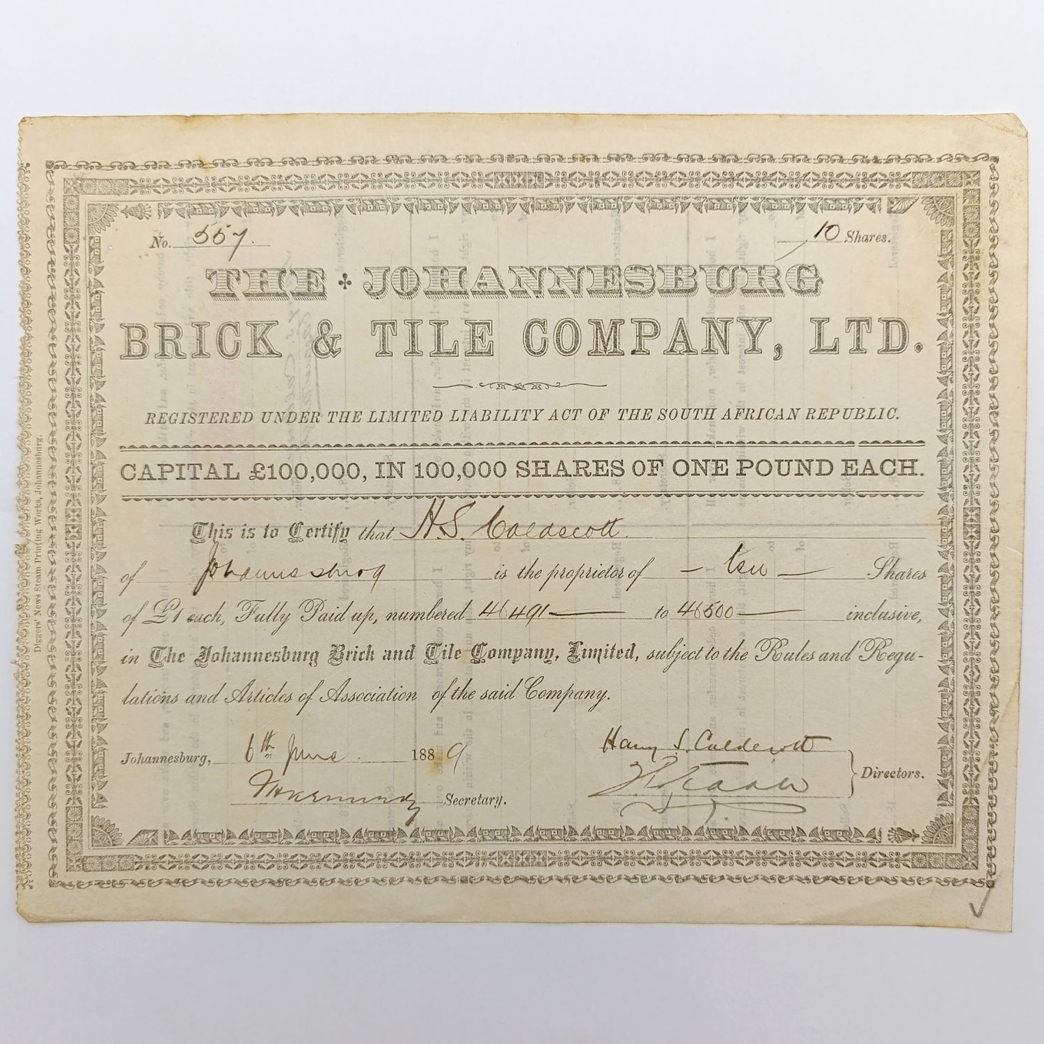 Share certificate dated 6th of June 1889 for The Johannesburg Brick and Tile Company for 10 shares of £1 each