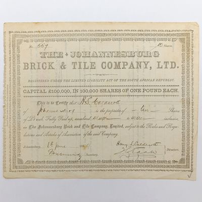 Share certificate dated 6th of June 1889 for The Johannesburg Brick and Tile Company for 10 shares of £1 each