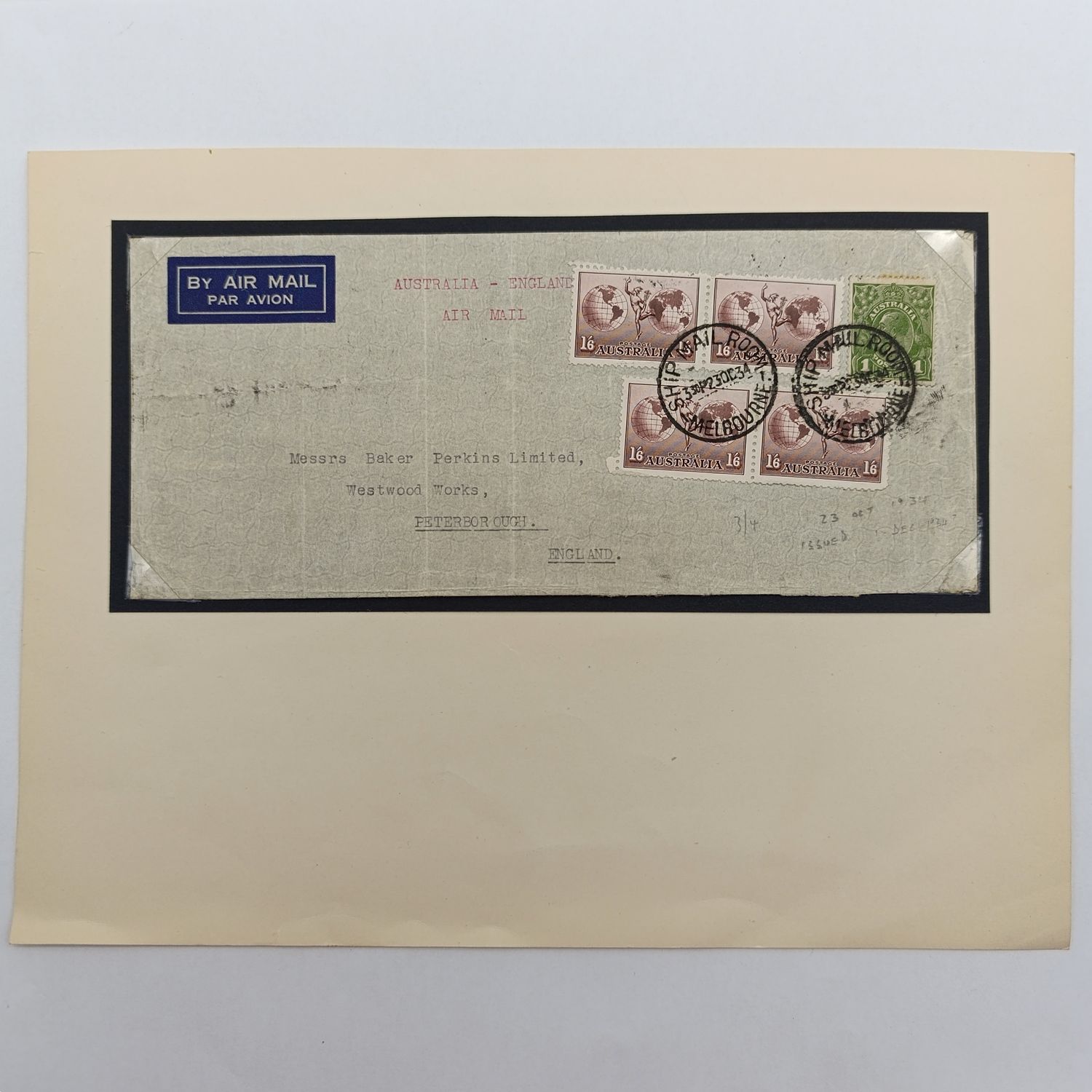 Original letter posted 23 October 1934 in Melbourne Australia in the ships mail room by Air mail to England with 5 Australian stamps