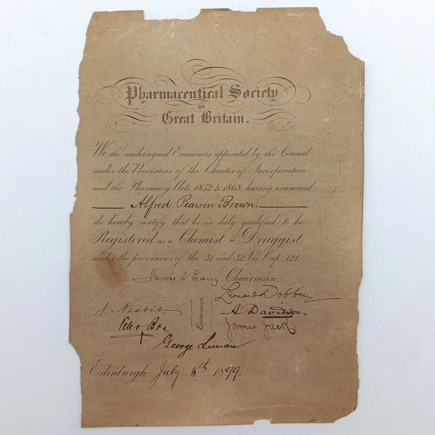 Pharmacist certificate issued by The Pharmaceutical society of Great Britain for Alfred Pearson Brown 5th July 1899