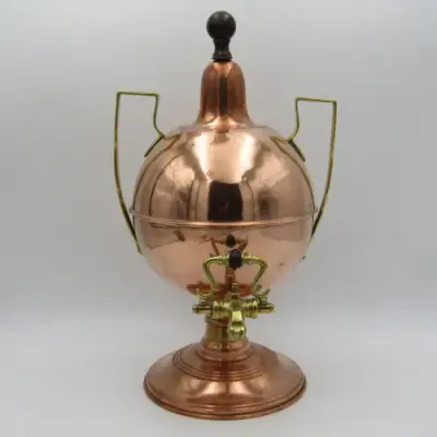 Antique brass and copper beverage dispenser with tap and double wall