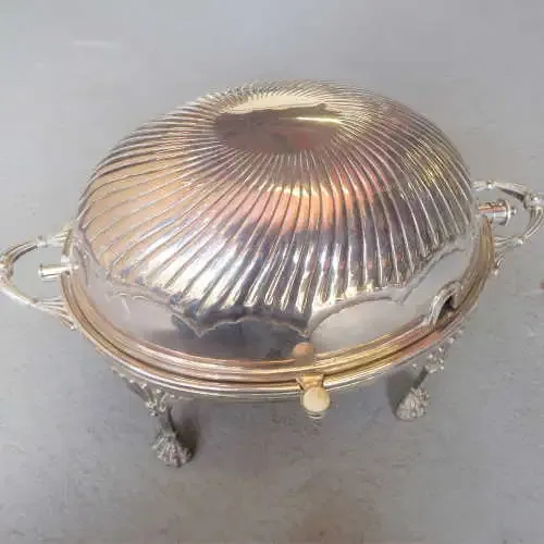 Antique Walker and Hall rolling dome breakfast buffet server - One screw cap of lid is missing