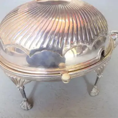 Antique Walker and Hall rolling dome breakfast buffet server - One screw cap of lid is missing