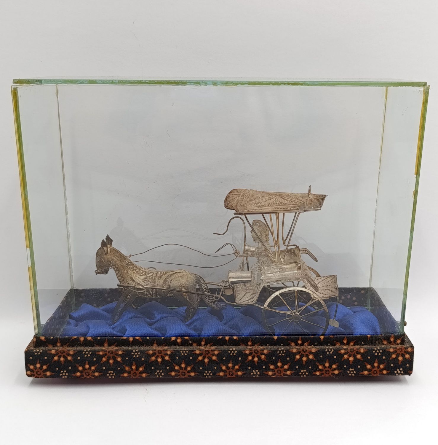 Antique Chinese Silver filigree horse cart figurine in glass case