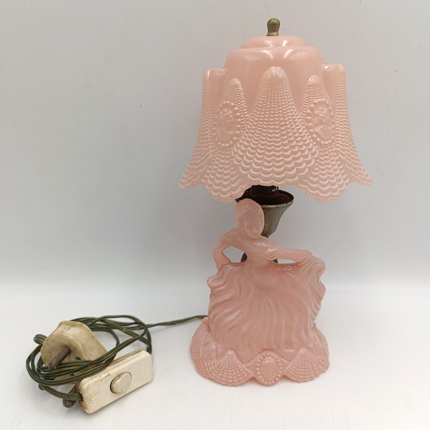 Antique Art Deco dancing lady pink glass boudoir lamp