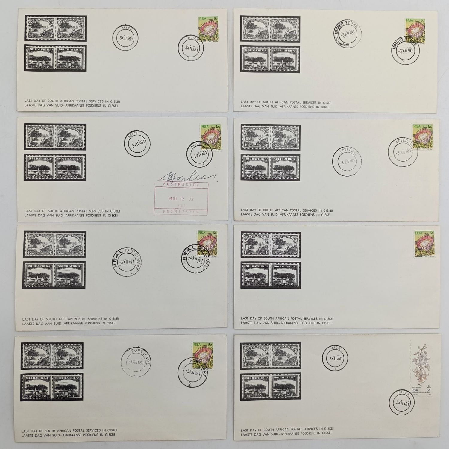 Lot of 8 covers - Last day South Africa postal services in Ciskei all different - cancelled in Alice, Fort Hare / Heraldtown / Upper Tyme and Lovedale - one signed by postmaster of Alice