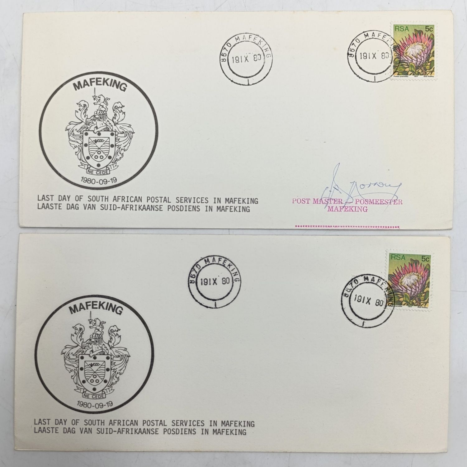 Pair of postal covers Last day of South Africa postal services in Mafeking - one signed by postmaster