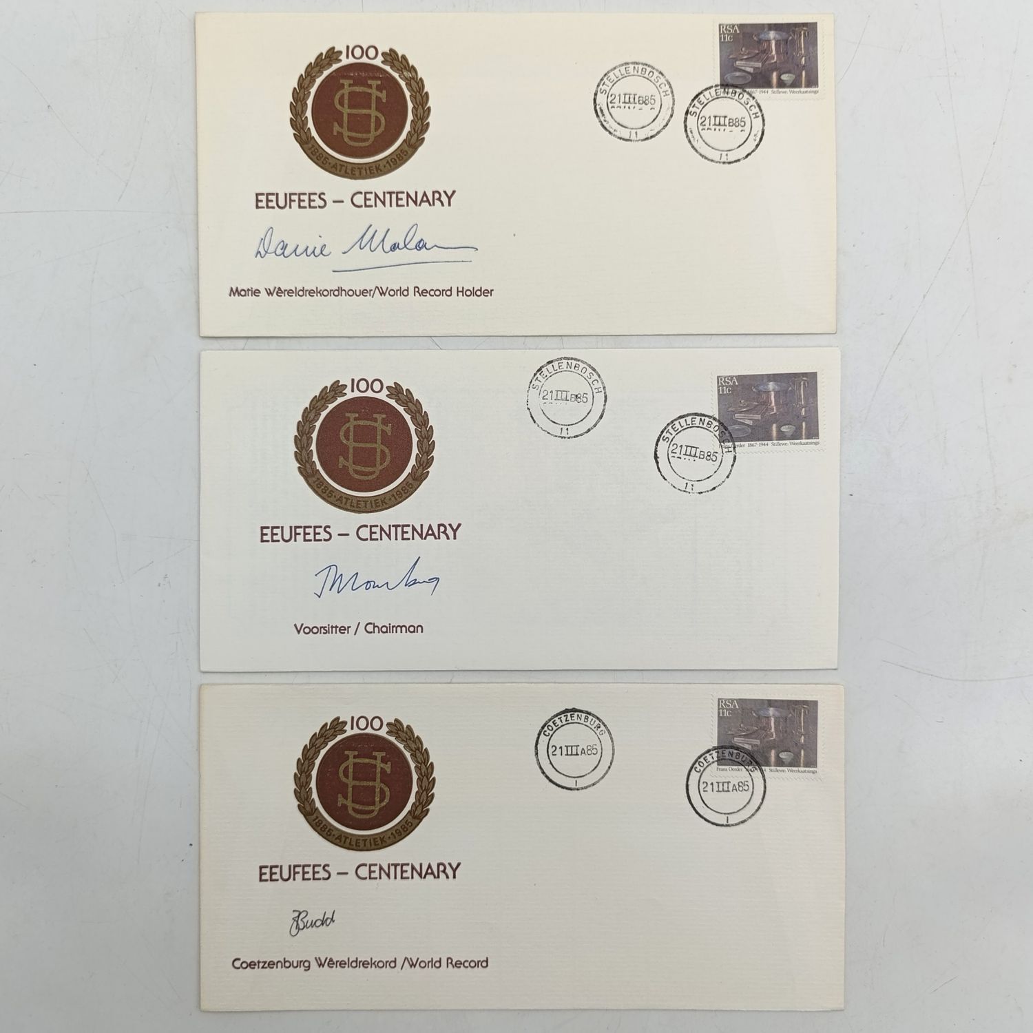 Lot of 3 University of Stellenbosch centenary covers 1985 signed by Danie Malan, Jannie Momberg, Zola Budd