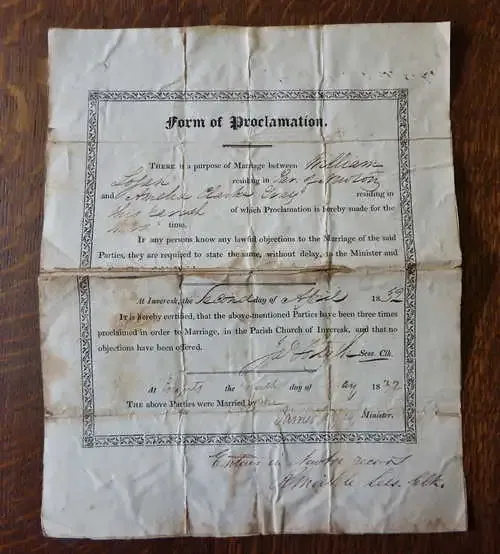 Marriage Proclamation form of William Logan and Amelia Clarke Grey - 2 April 1832 in Inveresk