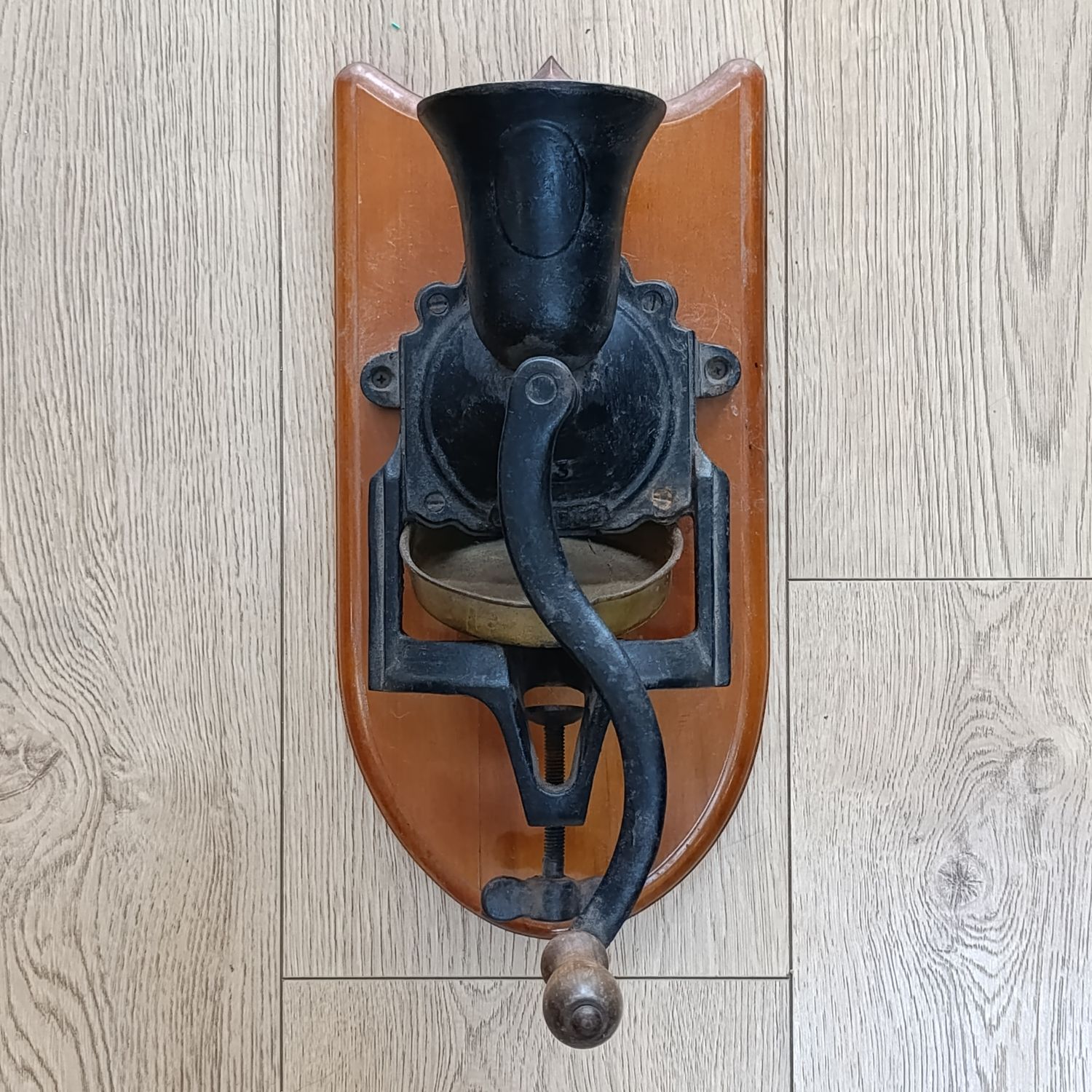 Antique Beatrice No.3 coffee grinder with tin bowl - mounted on wall plaque