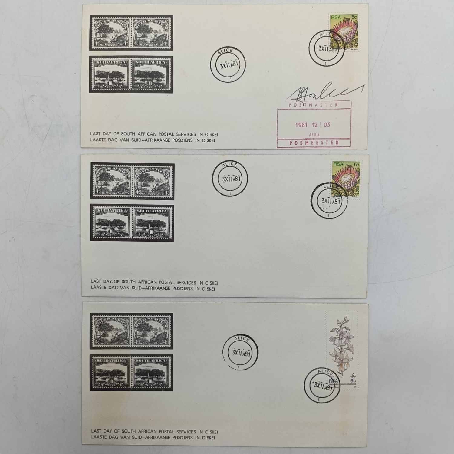 Lot of 3 - Last day of South Africa postal services in Ciskei covers - all cancelled Alice 3 November 1981 - One signed by Postmaster