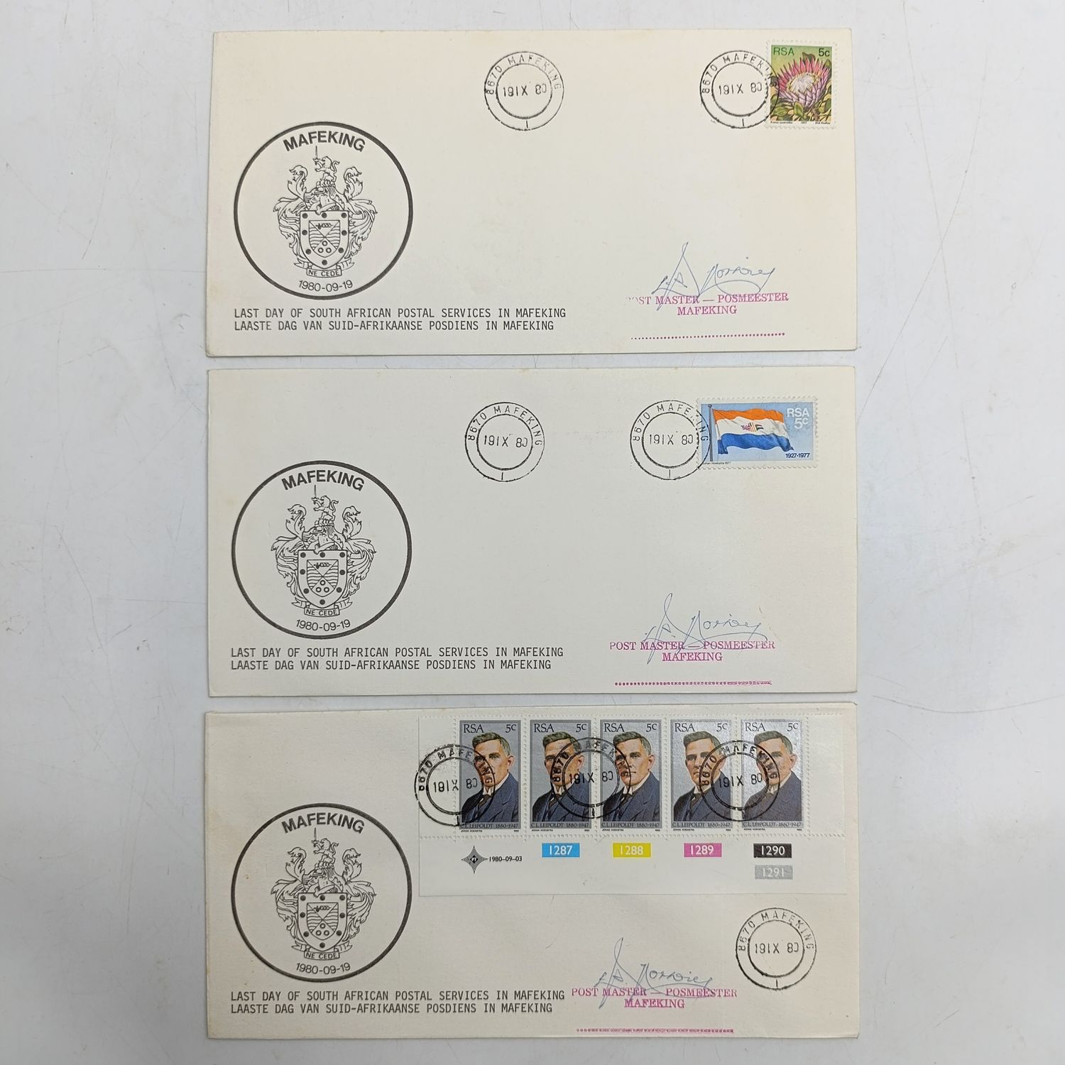 Lot of 3 last day of South African postal services in Mafeking postal covers with different stamps - 1980 - All signed by the Post-Master of Mafeking
