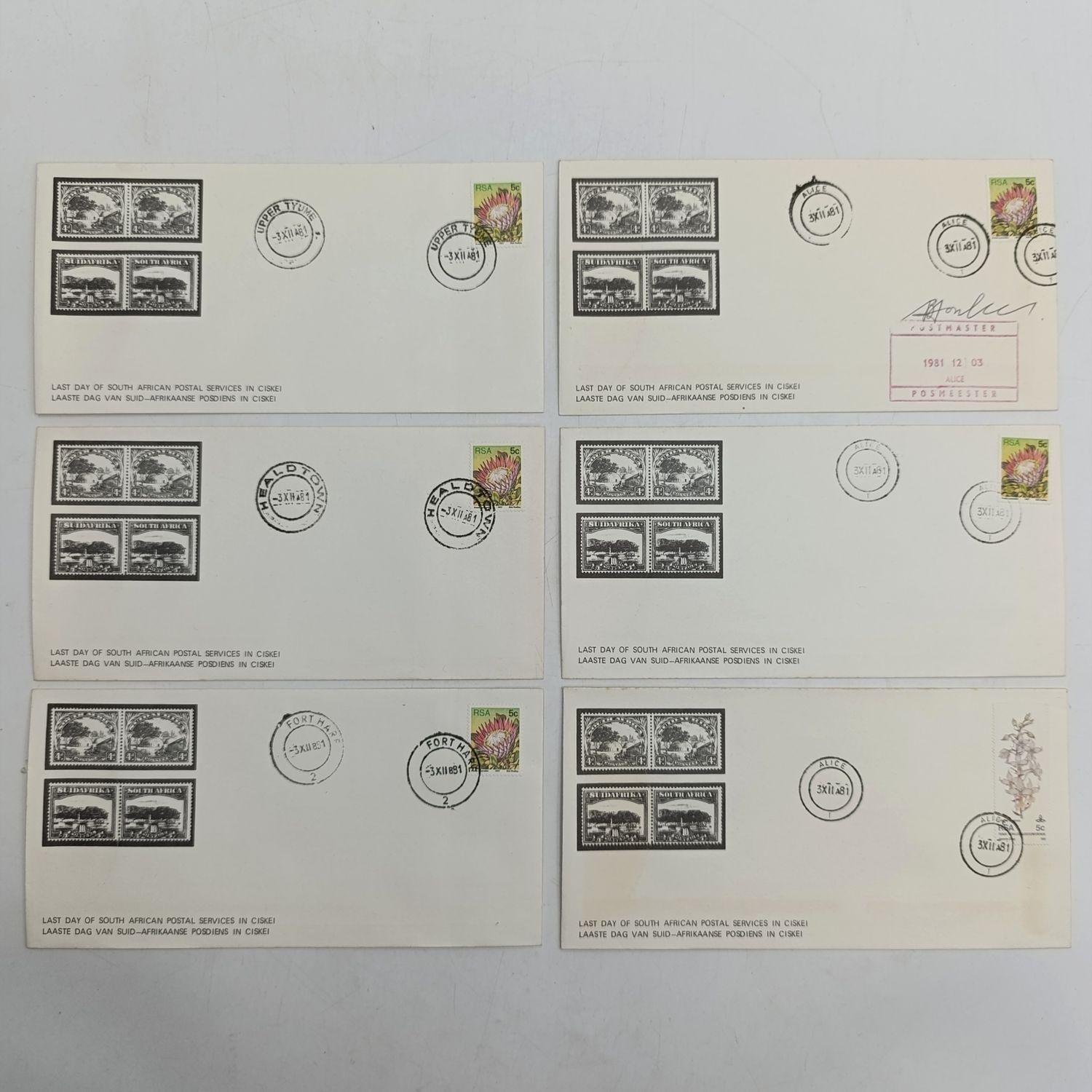 Lot of 6 different last day of South Africa postal services in Ciskei covers - all different - cancelled in Alice, Upper Tyume, Fort Hare, Healdtown one signed by Alice Postmaster